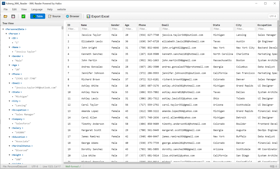Yuheng XML Reader 主界面 - Tree View & Table View